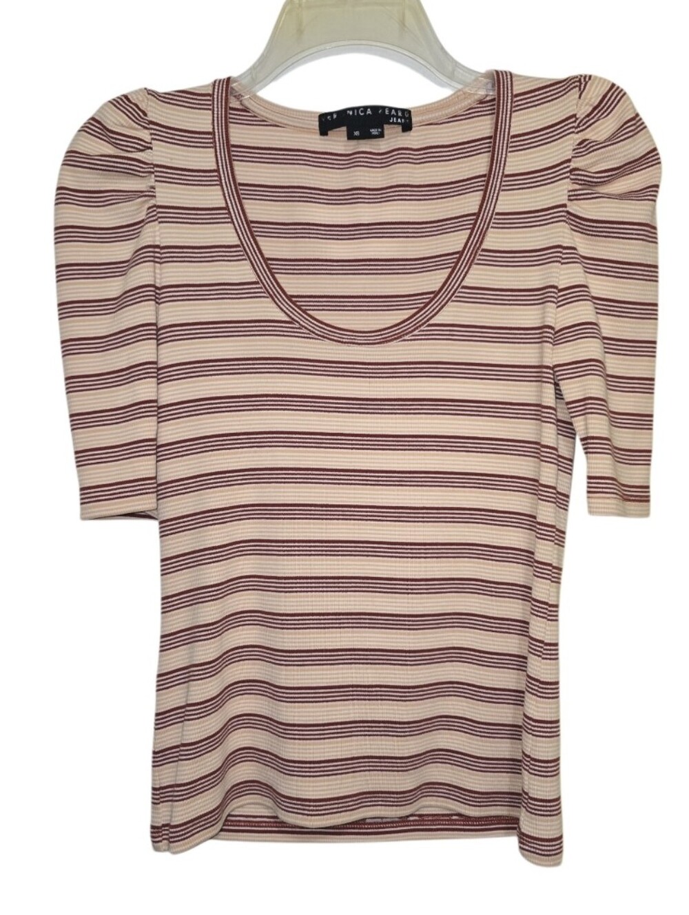 Veronica Beard XS Striped Puff Sleeve Short Sleeve Top Pima Cotton Scoop Neck